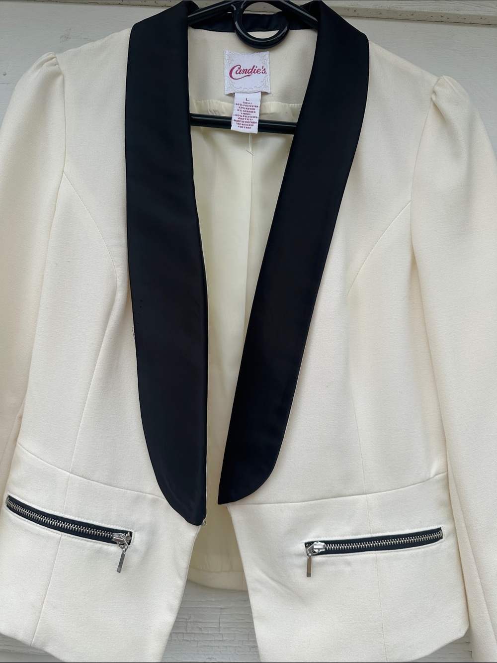 Candie's Cream Blazer with Black Satin Shawl Lapel and Zip Pockets